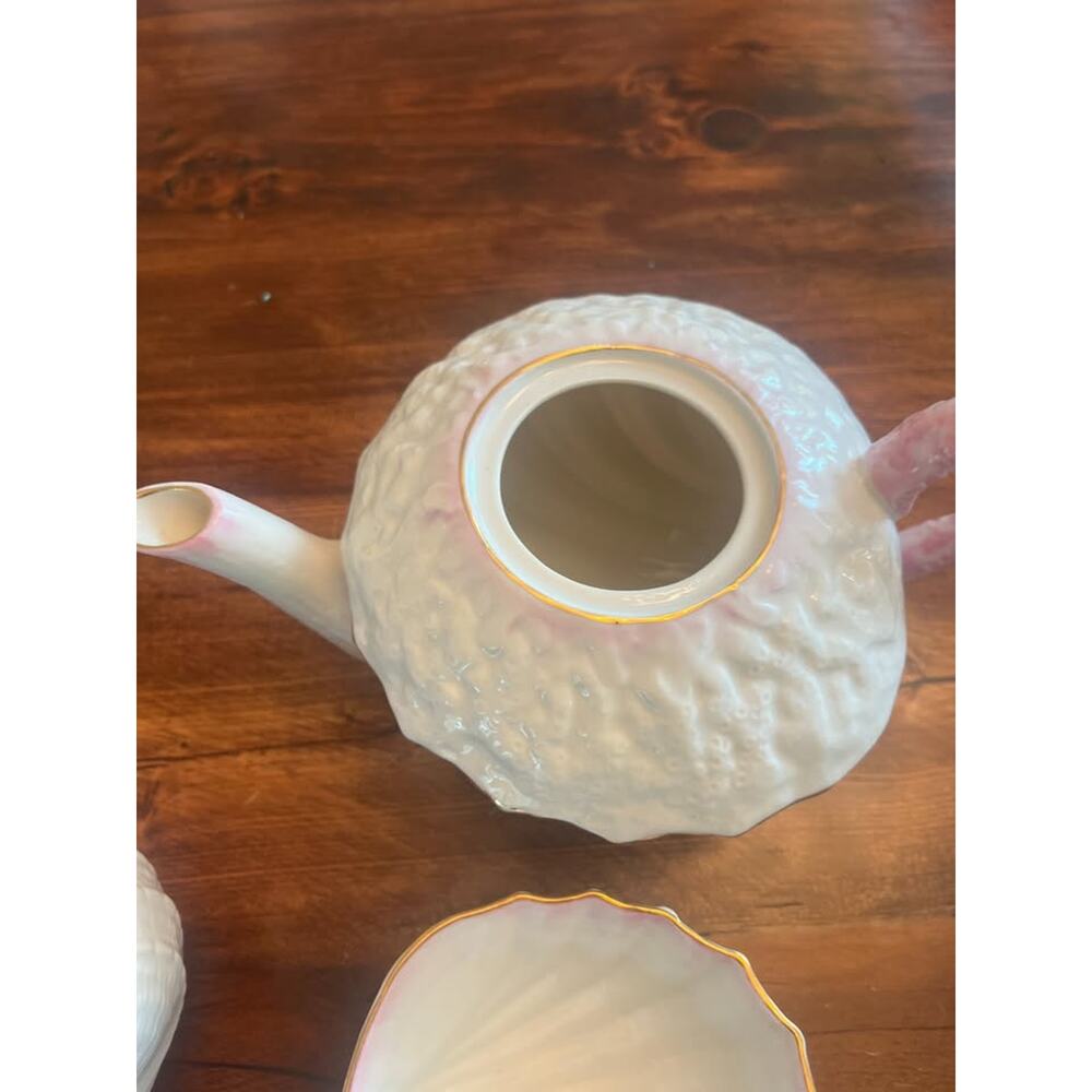 Vintage 3 Piece Belleek Tea Set Pink Neptune with Seashell Conches - Picture 6 of 7